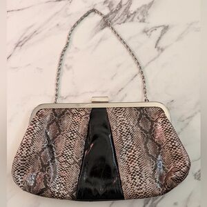 Kate Landry Tan Snake-Print Clutch with Black Patent Center and Silver Chain